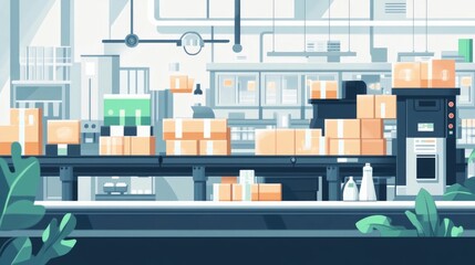 Naklejka premium Automated Logistics Workflow with Efficient Packaging and Labeling Solutions A Flat Design Showcasing the Optimization of Manufacturing Distribution and Supply Chain