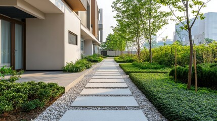 Fototapeta premium Close-up of clean, geometric stone pathways in a minimalist apartment courtyard, with a plain backdrop