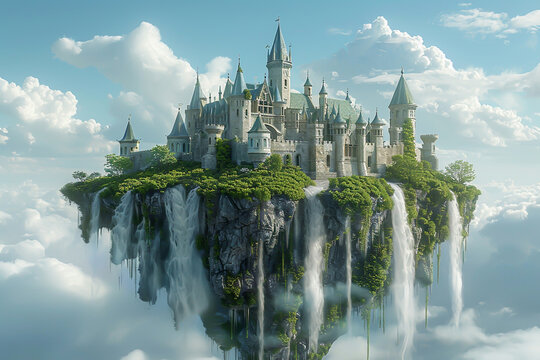 Fantasy floating island with a castle in the sky