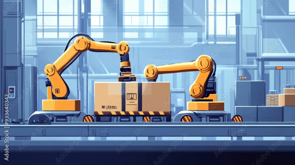 Poster automated robotic arms precisely loading and unloading freight containers in a modern streamlined lo