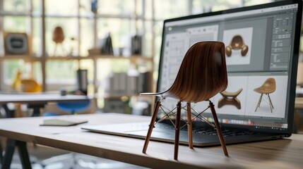 Digital 3D model of stylish wooden chair for carpentry project displayed on laptop computer screen. Holographic virtual display of professional ai software for furniture design creation and 3D