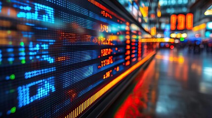 Digital display board showing stock market data in a bustling financial environment.