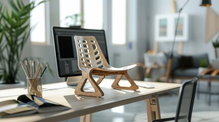 Digital 3D model of stylish wooden chair for carpentry project displayed on laptop computer screen. Holographic virtual display of professional ai software for furniture design creation and 3D