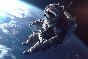 Astronaut Raccoon: A raccoon in a space suit with a helmet, floating in space with Earth in the background.