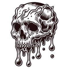 Melting skull illustration. Bold black dripping skull logo. High-contrast, detailed skull artwork. Creepy surreal horror skull tattoo. Halloween digital vector art