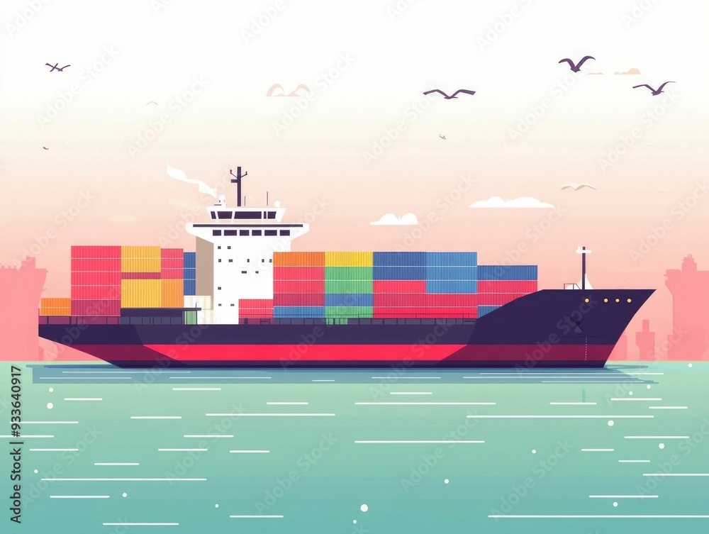 Poster flat design of automated shipping and freight transport system featuring autonomous ships or vessels