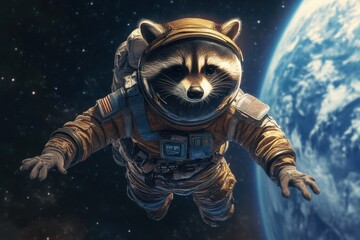 Fototapeta premium Astronaut Raccoon: A raccoon in a space suit with a helmet, floating in space with Earth in the background.
