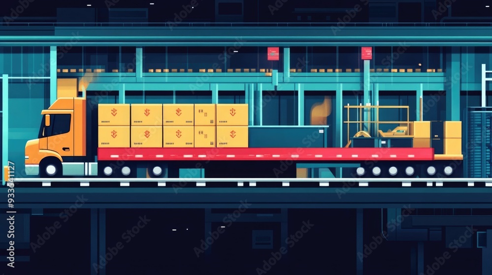 Poster flat design showcasing efficient automated cross docking system for faster logistics and shipping pr