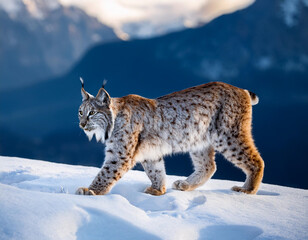 Obraz premium Close-up of a lynx walking on the snow in the mountains
