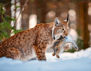 Naklejka premium A lynx with a rabbit and a mouth. Close-up of a lynx with prey in its mouth