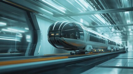 Obraz premium Futuristic train in a sleek interior station, showcasing advanced technology and design, creating a modern transportation experience.