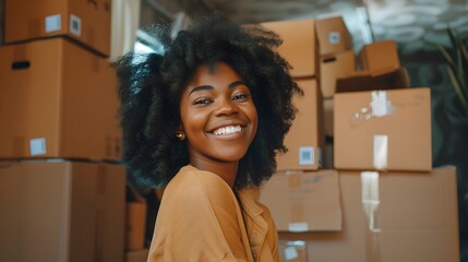 Beautiful girl is thinking how to arrange all her things in the new apartment. Young woman is smiling and looks happy. Concept of moving. 