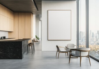 Fototapeta premium Poster mockup of a light kitchen interior with island and cabinet.