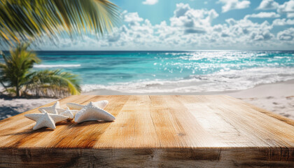Fototapeta premium A tranquil beach scene with a wooden table in the foreground and white starfish scattered on it, against a backdrop of turquoise ocean waves.