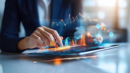 Professional analyzing financial data on a tablet with digital graphs and charts illustrating market trends and insights.