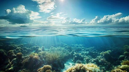 Fototapeta premium Underwater scene showcasing vibrant coral reefs illuminated by sunlight with clear blue water and dramatic cloudscape above.