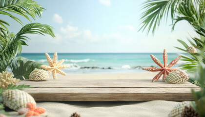 Obraz premium A serene beach scene with wooden deck, starfish, and seashell decorations surrounded by palm leaves, overlooking a turquoise ocean under a clear, blue sky.