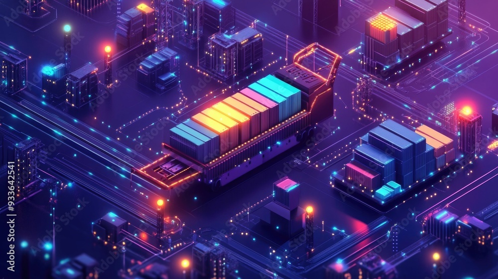 Poster blockchain powered logistics a flat design showcasing the streamlining of automated shipping transac