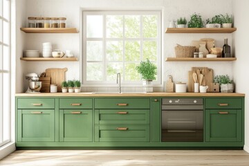 Fototapeta premium Cooking cabinet, shelves, and panoramic window in a green kitchen