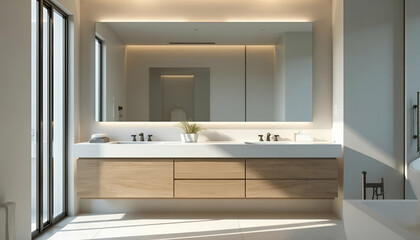 Fototapeta premium A modern bathroom vanity with a large mirror and sleek fixtures in a clean, minimalist bathroom