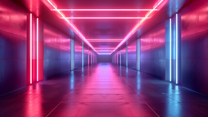 Colorful neon lights illuminate a modern hallway at night in a futuristic setting