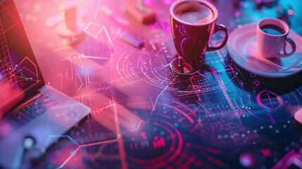 Double exposure of technology theme drawing and desktop with coffee and items on table background