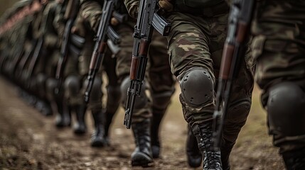 Fototapeta premium Close-up of soldiers marching with rifles, their synchronized steps and disciplined posture highlighting military training and unity.