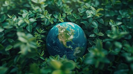 earth globe surrounded by green foliage with copy space, symbol of environmental protection and care of a fragile planet - Earth Day concept