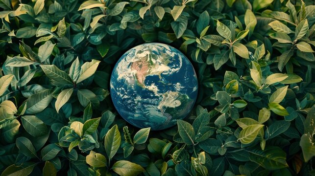 earth globe surrounded by green foliage with copy space, symbol of environmental protection and care of a fragile planet - Earth Day concept