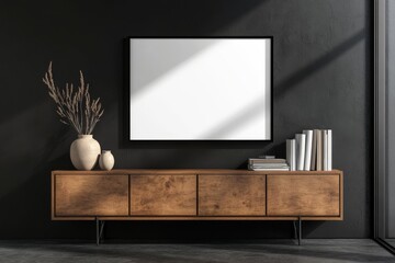 Mockup frame of modern living room with sideboard and art decoration