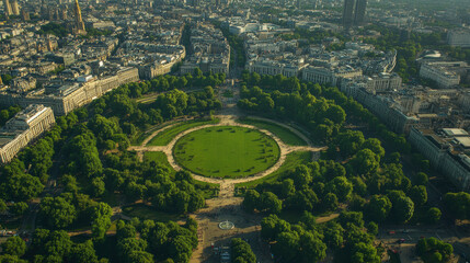 Obraz premium Aerial view of a large, circular park surrounded by dense urban buildings and lush green trees in a city.
