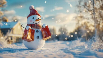 Obraz premium Snowman Shopping for Christmas Gifts in Snowy Scene