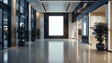 Modern interior of a commercial building featuring an empty digital display in a lobby