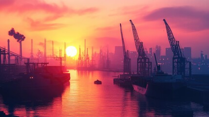 Obraz premium Industrial shipyard at dawn, workers preparing cargo, 3D illustration