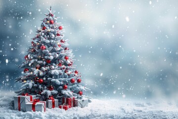 Obraz premium This serene winter scene features a beautifully decorated Christmas tree adorned with red and silver ornaments, standing tall in a panoramic snowy background, perfect for festive greetings.