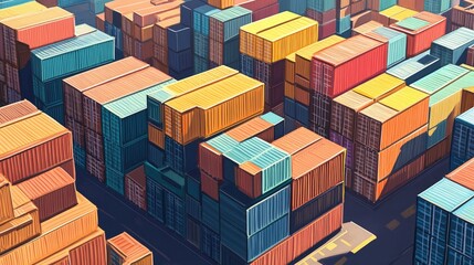 Fototapeta premium Large containers stacked in a shipyard flat design top view industrial theme cartoon drawing colored pastel 