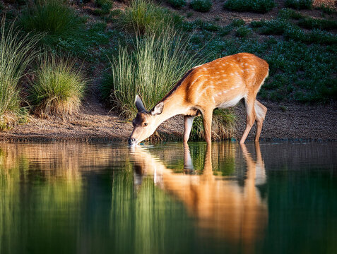 Close-up with a female deer drinking water - Powered by Adobe