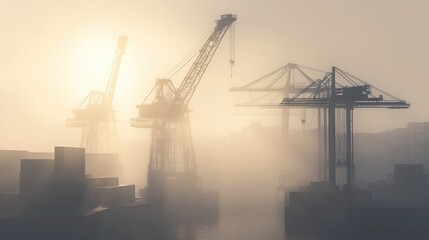 Obraz premium Shipyard in fog, silhouettes of cranes and containers, moody atmosphere, 3D illustration 