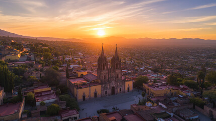 Obraz premium A stunning aerial view of a historic cathedral at sunset, surrounded by a charming town and distant mountains, painted with warm, golden hues.