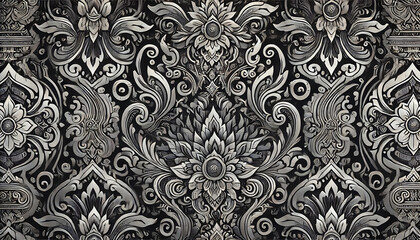 Intricate Thai Silver Scroll and Floral Design on Black Background
