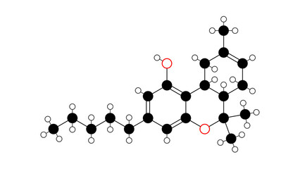 delta-8-tetrahydrocannabinol molecule, structural chemical formula, ball-and-stick model, isolated image delta-8-thc
