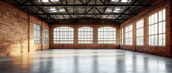 Fototapeta premium Industrial loft style empty old warehouse interior,brick wall,concrete floor