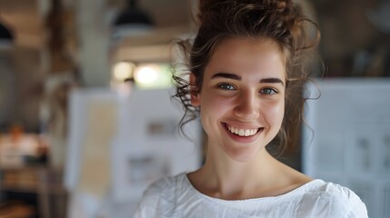 Beautiful girl is thinking how to arrange all her things in the new apartment. Young woman is smiling and looks happy. Concept of moving. 