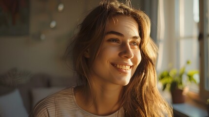 Beautiful girl is thinking how to arrange all her things in the new apartment. Young woman is smiling and looks happy. Concept of moving. 