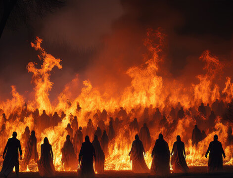 The silhouettes of the spirits of sinners in the flames of hell. Hell fire