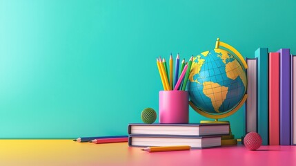 Fototapeta premium Colorful stationery and globe on vibrant desk create cheerful study atmosphere. bright colors evoke creativity and learning. 