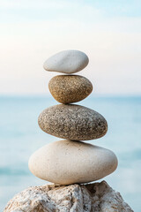 A stack of balanced pebbles on a rocky surface by the sea, symbolizing calmness and harmony in nature with a soft pastel horizon.