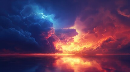 Obraz premium Majestic Lightning Strikes: Dramatic Storm Clouds with Intense Electric Bolts in the Distance