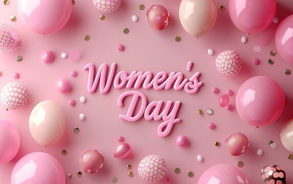 Pink balloons and confetti surrounding Women's Day text. - Powered by Adobe