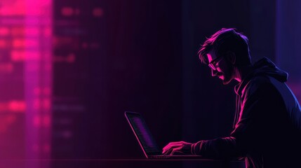 Man in Neon Light Working on Laptop